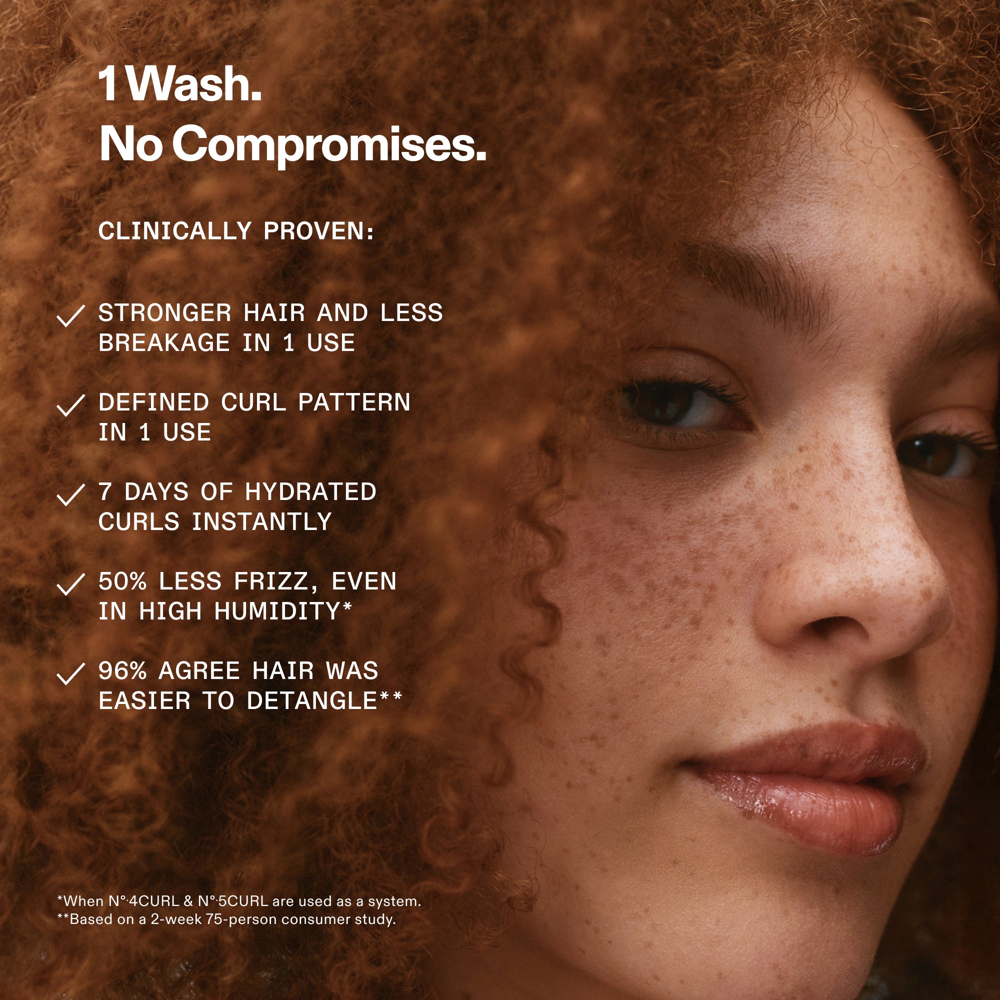 Gros plan d’un modèle aux cheveux bouclés et aux déclarations cliniques de l'OLAPLEX Nº.4CURL. Texte : 1 lavage. Aucun compromis. Éprouvé en clinique : cheveux plus forts/moins de casse en une seule utilisation; un motif de boucles définis en une seule utilisation; 7 jours d’hydratation; 50 % moins de frisottis en période d’humidité élevée; 96 % conviennent que les cheveux sont plus faciles à démêler. Résultats basés sur l'utilisation en tant que système et une étude de deux semaines.