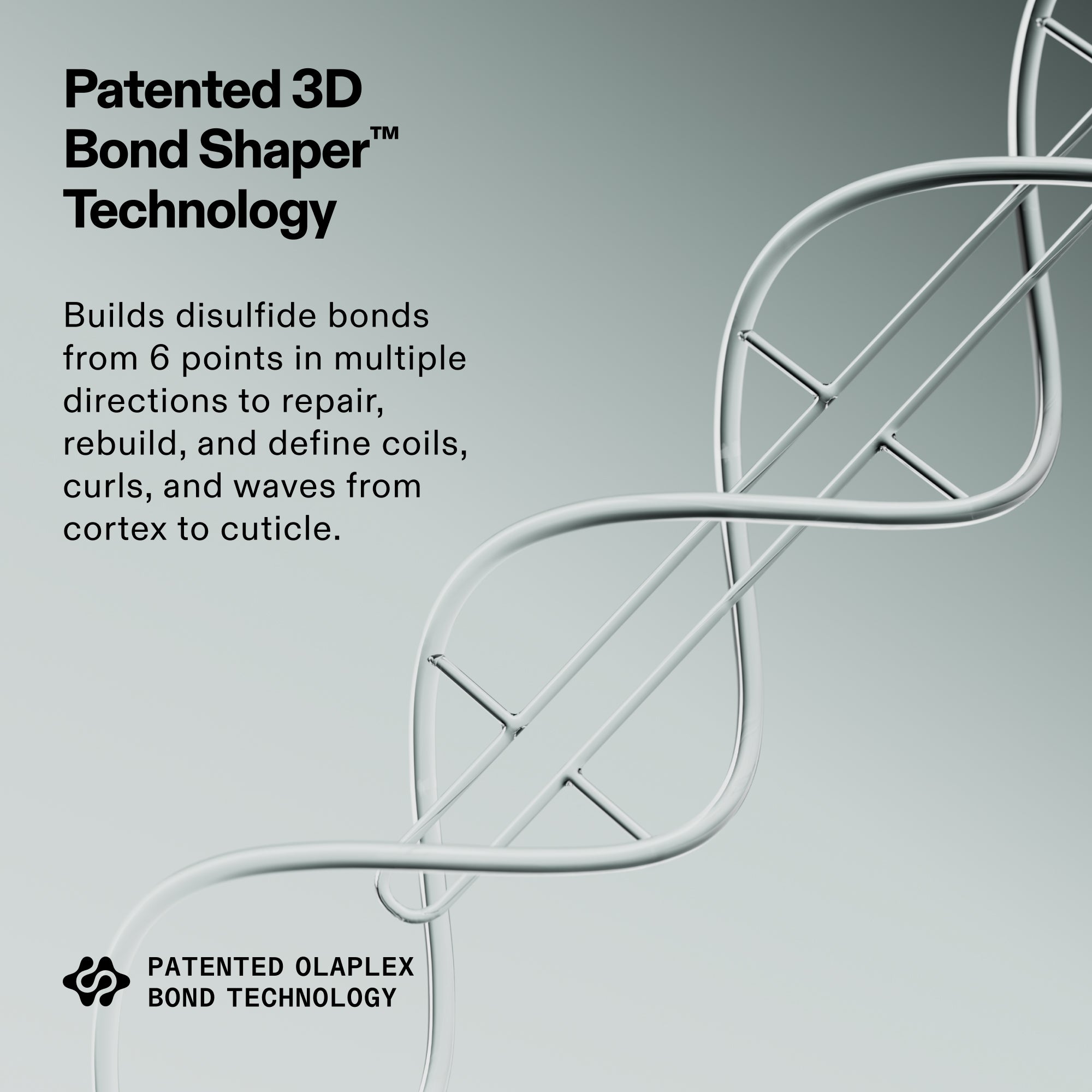 Graphique intitulé « Technologie brevetée 3D Bond Shaper™. » Le texte explique qu'il crée des liaisons disulfures à partir de 6 points dans de multiples directions pour réparer, reconstruire et définir les boucles, les boucles et les ondulations de la cortex à la cuticule. Une illustration 3D montre un brin de cheveux réparé par des molécules.