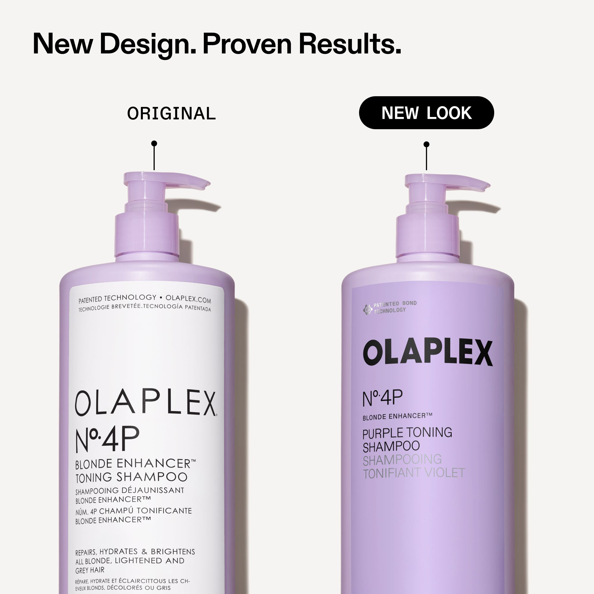 An Olaplex infographic titled "New Design. Proven Results." comparing two purple toning shampoo bottles against a white background. On the left, a bottle labeled "ORIGINAL" shows the bottom half of the classic white Olaplex No. 4P design. On the right, a bottle labeled "NEW LOOK" showcases the updated all-purple packaging design for No. 4P Blonde Enhancer Purple Toning Shampoo