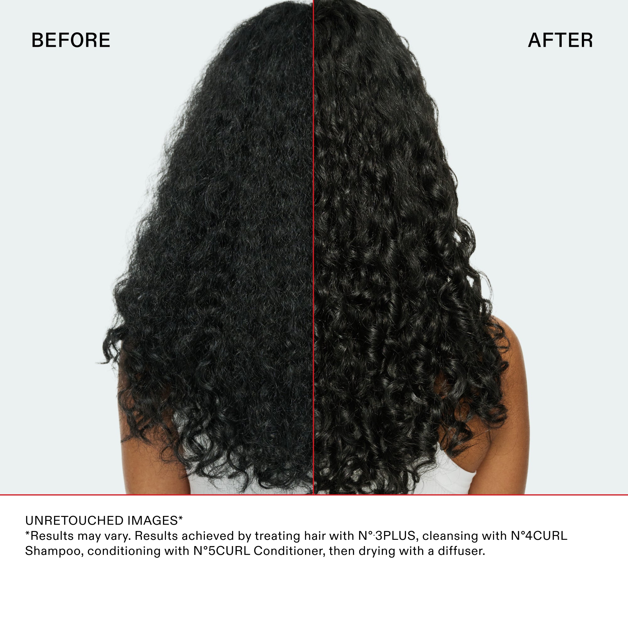 Comparaison avant et après de la vue arrière des cheveux longs et bouclés. Le côté « Avant » montre des cheveux avec beaucoup de frisottis et des boucles moins définies. Le côté « Après » montre des boucles uniformes, très définies et brillantes avec un ressort sain. Texte en bas : IMAGES NON RETOUCHÉES. Résultats obtenus en traitant les cheveux avec le N°.3PLUS, en les nettoyant avec le N°.4CURL Shampoo, en les revitalisant avec le N°.5CURL Conditioner, puis en les séchant avec un diffuseur.