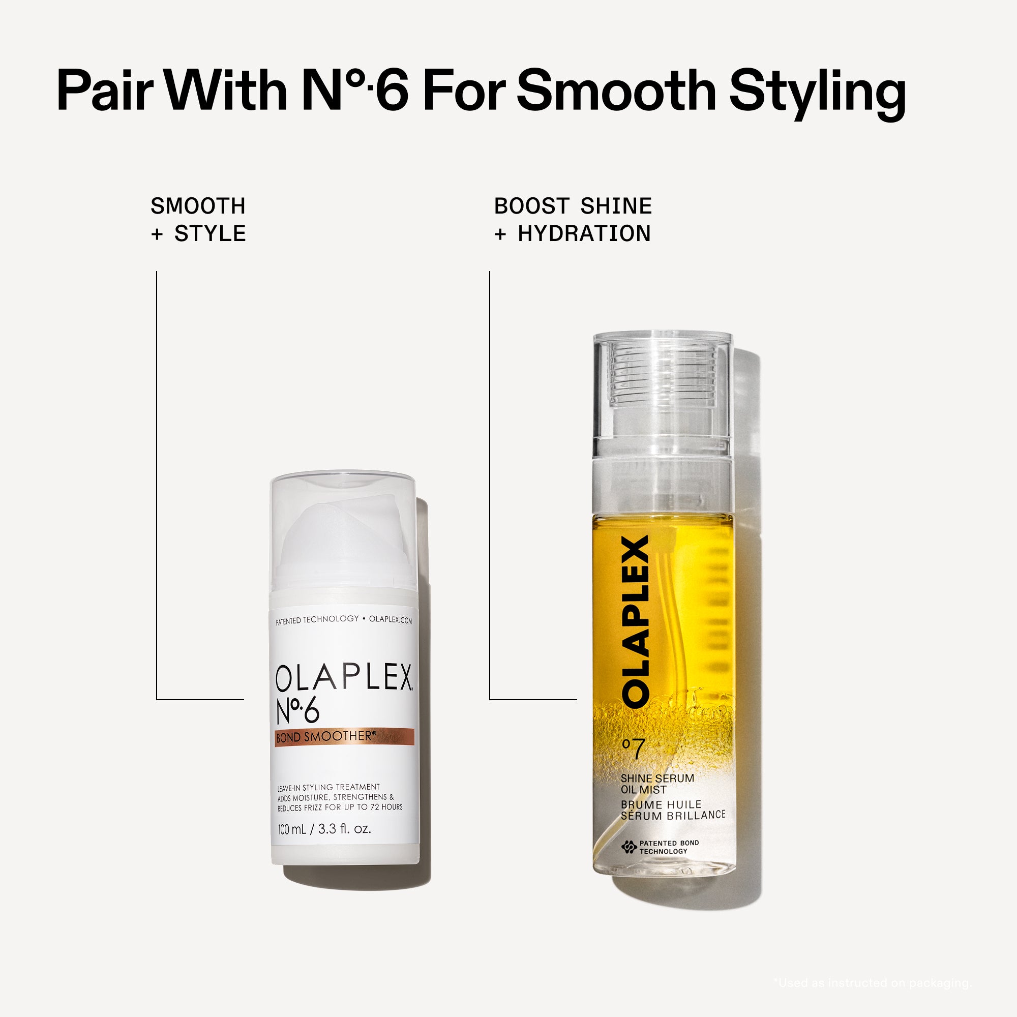 Un visuel d'association de produits avec l'en-tête "Utilisez-le avec le N°.6 pour un coiffage lissé". Il présente deux flacons côte à côte sur un fond gris clair : Olaplex N°.6 Bond Smoother (étiqueté "LISSAGE + COIFFURE") et Olaplex N°.7 Shine Serum Oil Mist (étiqueté "BOOSTE LA BRILLANCE + HYDRATION"). De fines lignes noires relient les étiquettes à chaque bouteille respective.