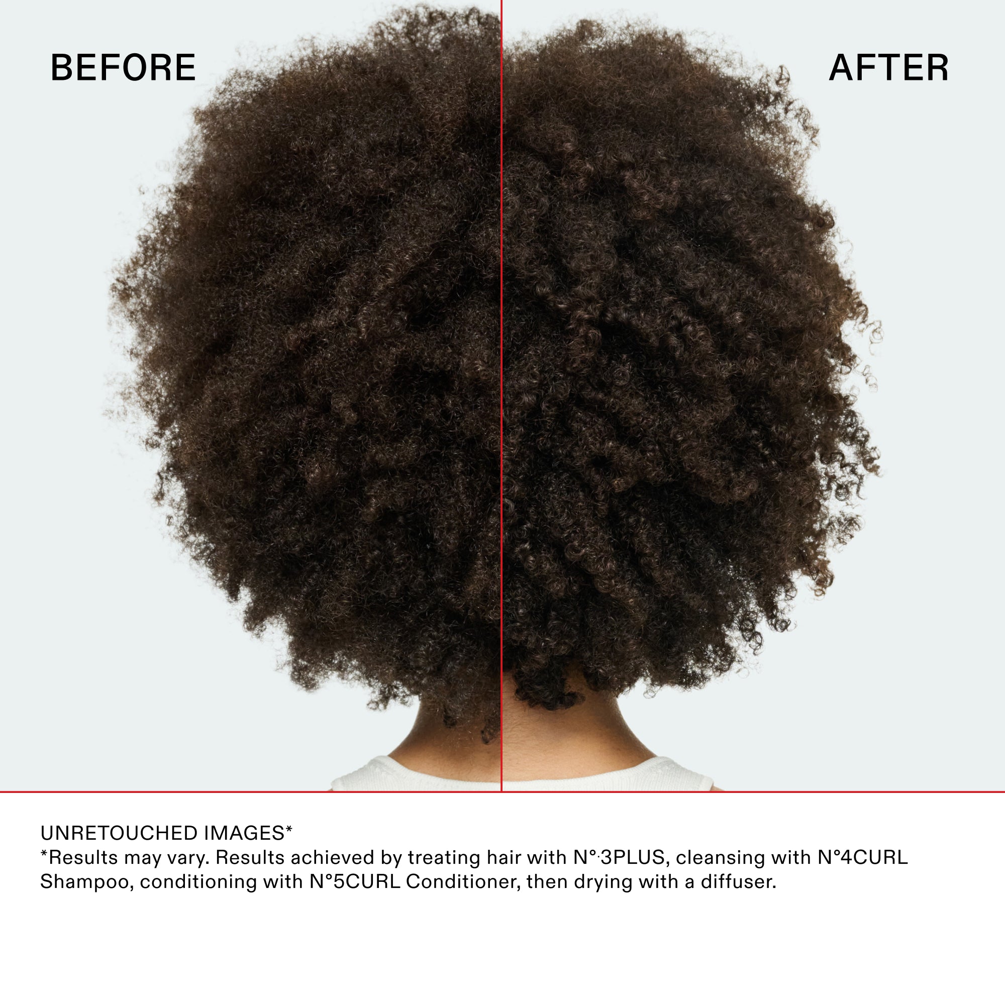 Vue avant/après des cheveux bouclés divisés par une ligne rouge. « Avant » montre une texture indéfinie et des frisottis visibles. « Après » montre des boucles très définies, hydratées et structurées. Texte : IMAGES NON RETOUCHÉES. Résultats obtenus en utilisant le Nº.3PLUS, le Nº.4CURL Shampoo et le Nº.5CURL Conditioner, puis en les séchant avec un diffuseur. Le visuel montre une amélioration significative de la définition des boucles et de l'hydratation.