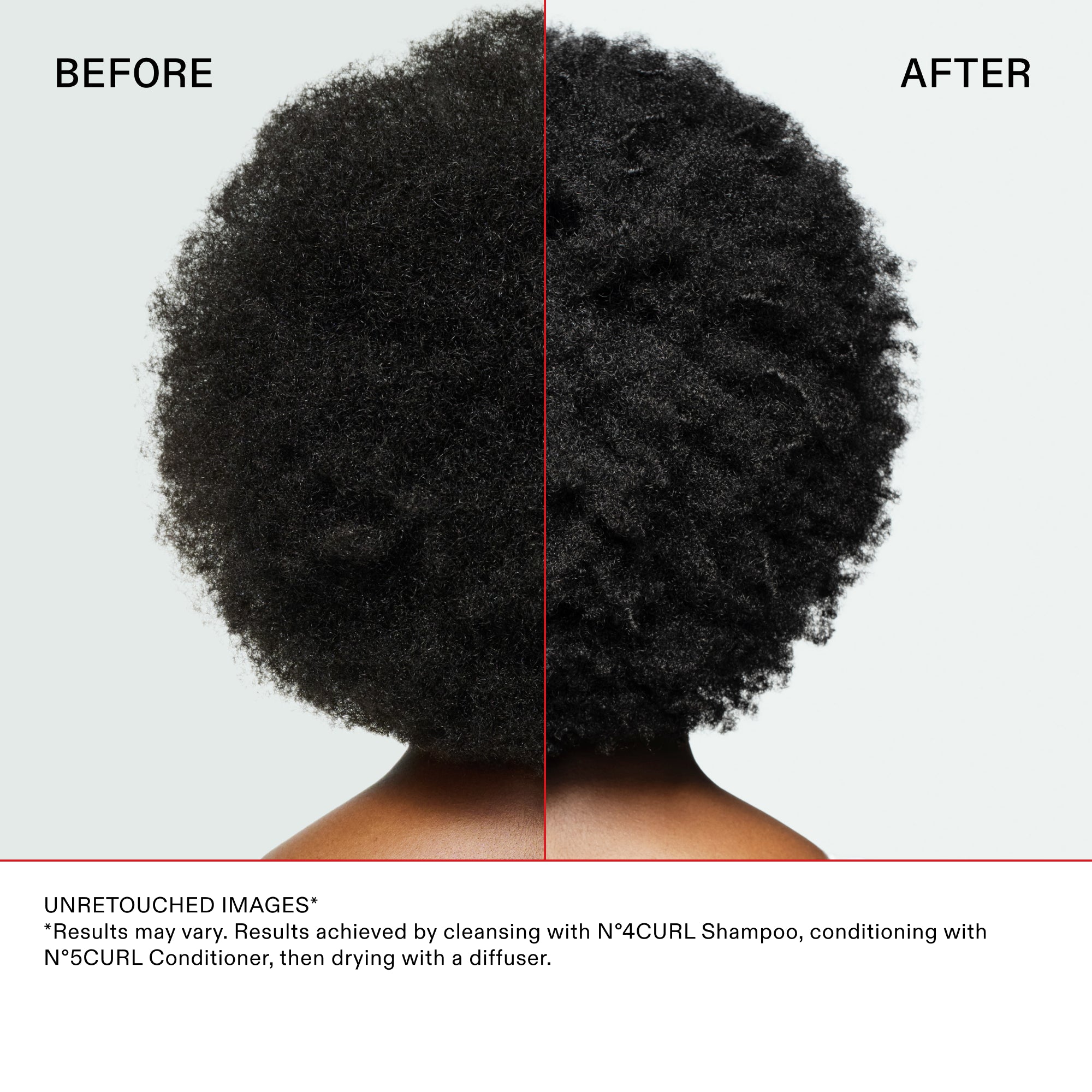 Comparaison avant et après vue arrière des cheveux bouclés. Le côté « Avant » montre une texture douce et moins définie. Le côté « Après » montre des boucles beaucoup plus définies, hydratées et structurées. Texte en bas : IMAGES NON RETOUCHÉES. Résultats obtenus en lavant les cheveux avec le N°.4CURL Shampoo, en les revitalisant avec le N°.5CURL Conditioner, puis en les séchant avec un diffuseur.