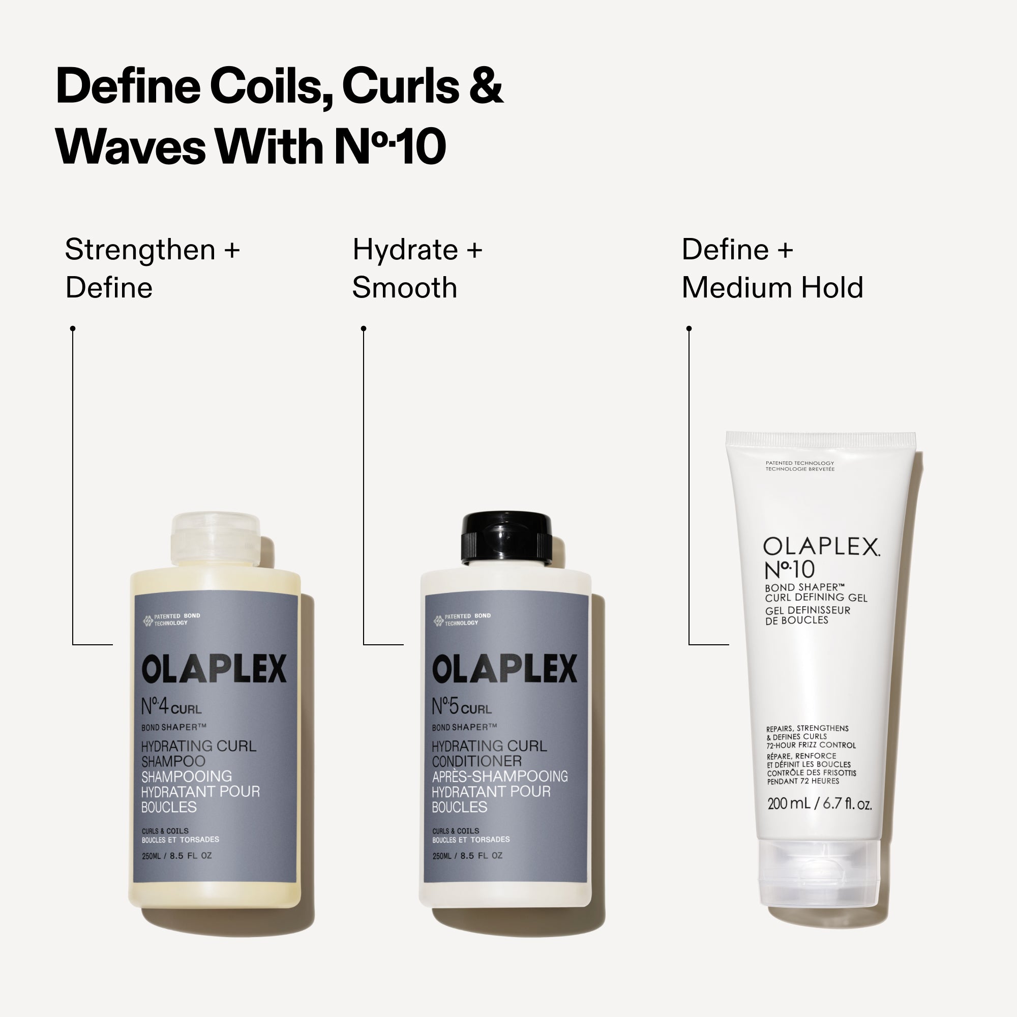 Guide de produit intitulé « Définir les boucles, les spirales et les ondulations avec le N°.10. » Trois produits sont présentés avec leurs avantages : N°.4CURL (Renforcer + Définir), N°.5CURL (Hydrater + Lisser) et le nouveau N°.10 Gel définissant Bond Shaper Curl (Définition + maintien moyen). Inclut le logo de la technologie de liaison brevetée.