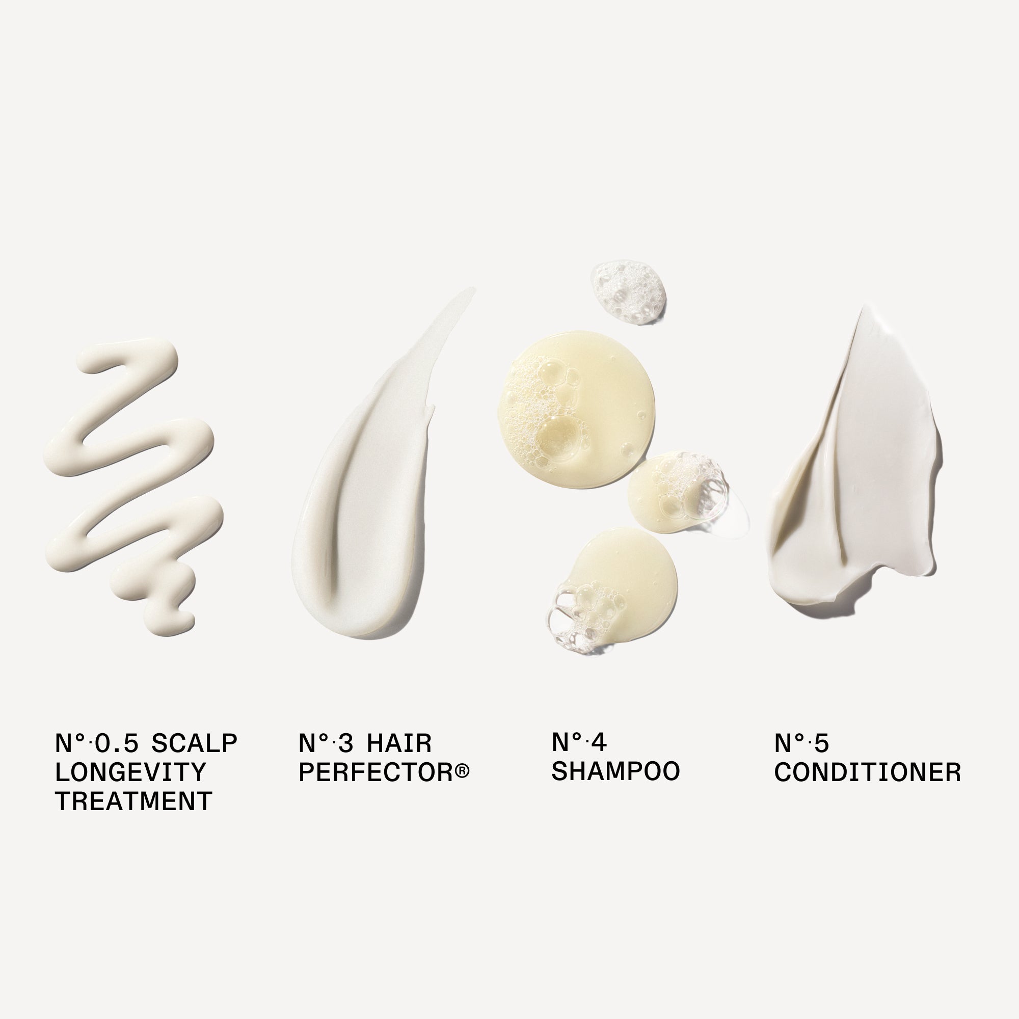 Nº.0.5 SCALP LONGEVITY TREATMENT

Nº.3 HAIR PERFECTOR®

Nº.4 SHAMPOO

Nº.5 CONDITIONER

Goop images on white background