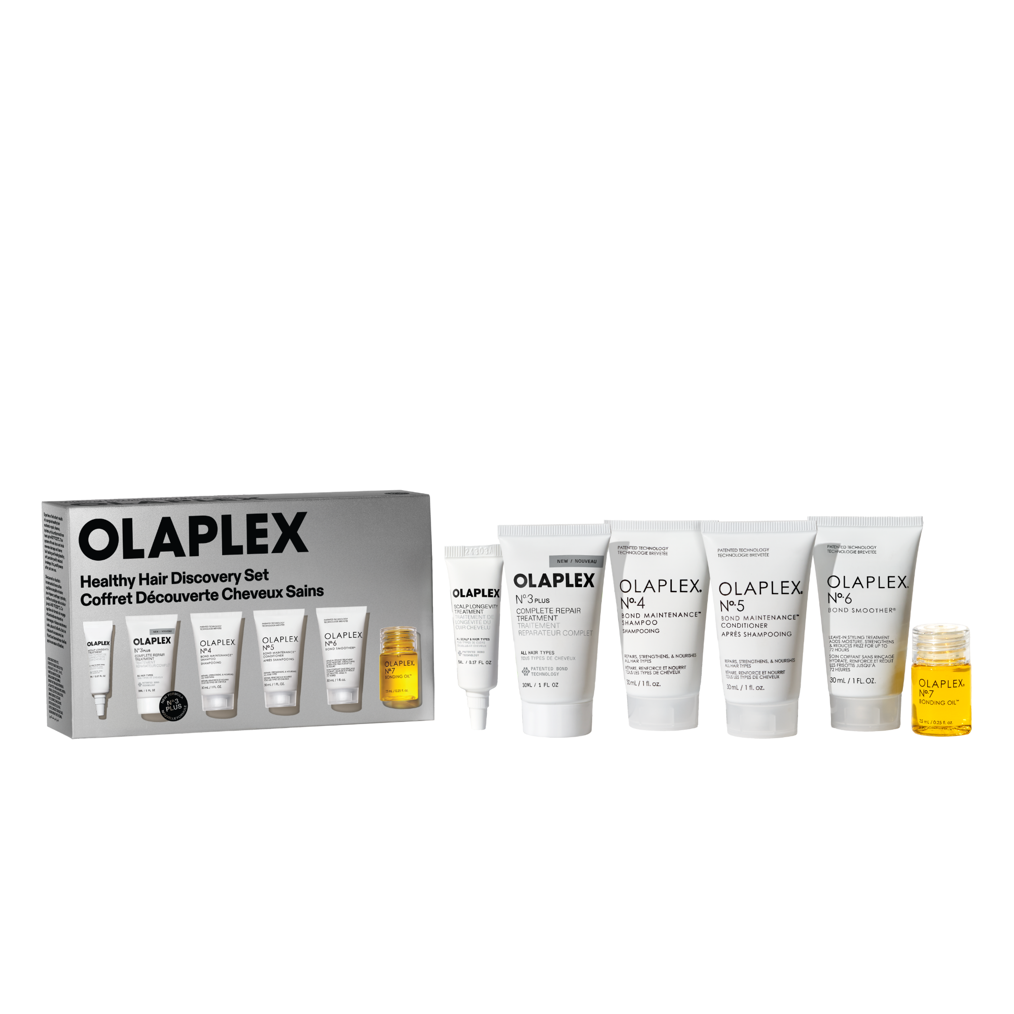 Une photo de produit de l'Olaplex Healthy Hair Discovery Set d'Olaplex, sur un fond transparent à damier. À gauche se trouve la boîte du produit, et à droite se trouvent cinq tubes blancs de taille voyage (N°.3, N°.4, N°.5, N°.6 et un tube plus petit) à côté d’une petite bouteille transparente de N°.7 BONDING OIL remplie d’un liquide jaune.