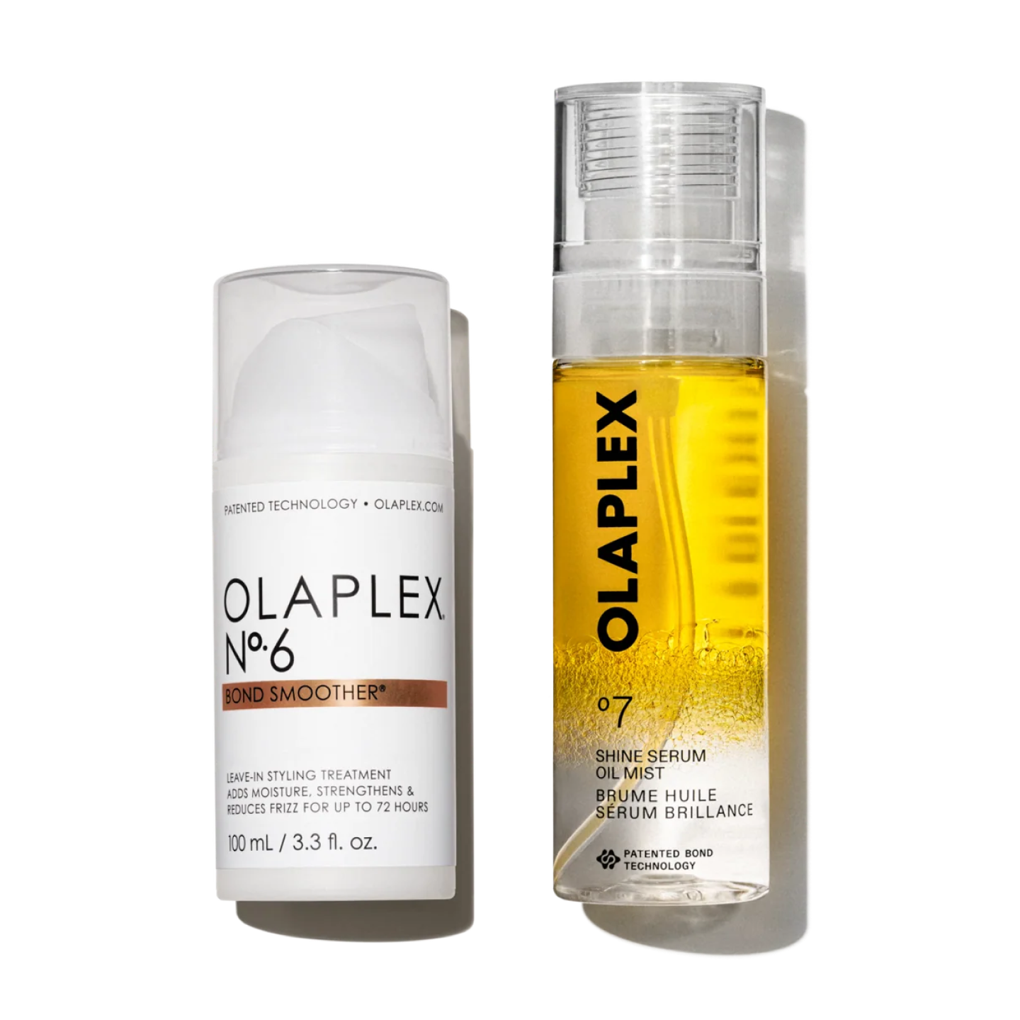 Deux produits capillaires Olaplex se tiennent côte à côte sur un fond blanc épuré. À gauche se trouve Olaplex N°.6 Bond Smoother, un flacon blanc avec pompe, et un bouchon transparent. À droite se trouve un flacon légèrement plus grand d'Olaplex N°.7 Shine Serum Oil Mist, un flacon pulvérisateur transparent, montrant un liquide jaune doré vibrant à l'intérieur. Les deux bouteilles arborent la conception minimaliste classique de la marque avec un lettrage noir épuré.