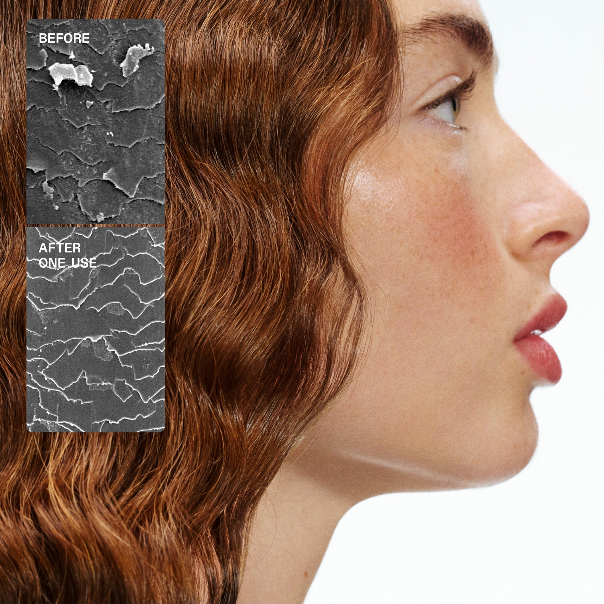Content Text
The contains a side-by-side microscopic comparison of a hair strand:

BEFORE: Shows a damaged hair cuticle with lifting and breakage.

AFTER ONE USE: Shows a significantly smoother and repaired hair cuticle.
