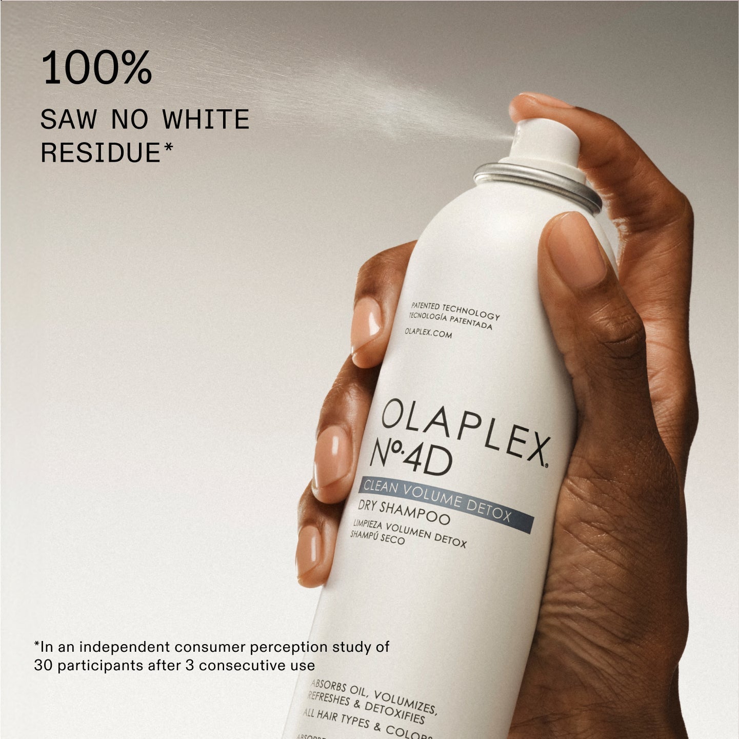 100 % DES UTILISATEURS N'ONT CONSTATÉ AUCUN RÉSIDUS BLANCS*

OLAPLEX N°.4D CLEAN VOLUME DETOX DRY SHAMPOO

*Selon une étude indépendante sur la perception des consommateurs menée sur 30 participants après 3 utilisations consécutives.