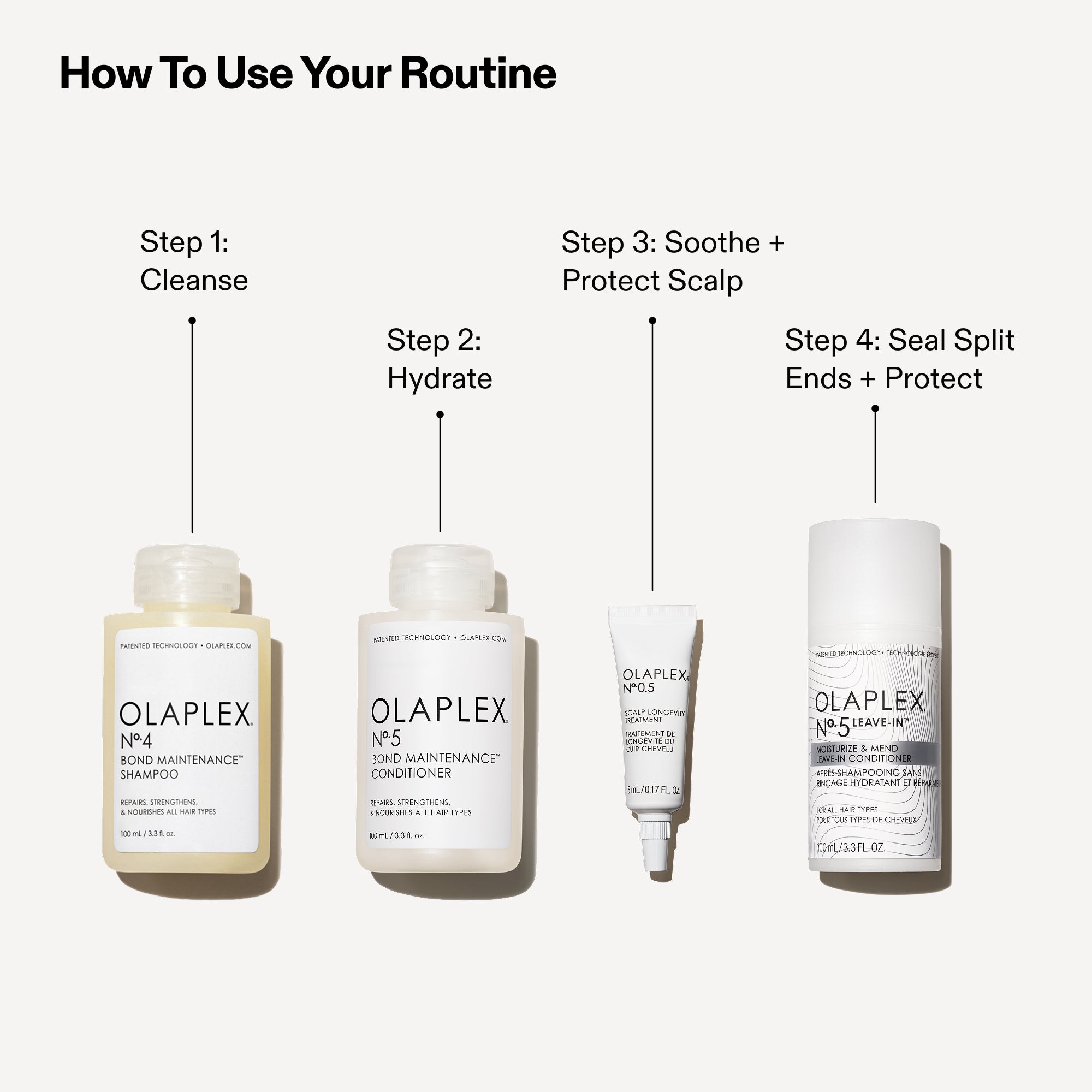 ÉTAPE 1 : NETTOYER

(Produit montré: OLAPLEX N°.4 BOND MAINTENANCE® SHAMPOO)

ÉTAPE 2 : HYDRATER

(Produit montré : OLAPLEX N°.5 BOND MAINTENANCE® CONDITIONER)

Étape 3 : apaiser et protéger le cuir chevelu

(Produit montré : OLAPLEX N°.5 T SCALP LONGEVITY TREATMENT)

Étape 4 : Sceller les pointes fourchues + Protéger

(Produit montré : OLAPLEX N°.5 LEAVE-IN™ CONDITIONER)