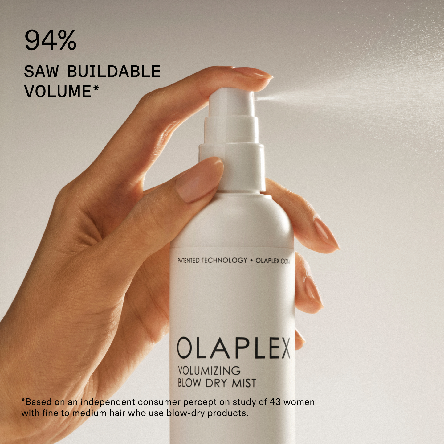 94 % DES UTILISATEURS ONT CONSTATÉ UN VOLUME MODULABLE*
*Basé sur une étude indépendante de la perception des consommatrices menée auprès de 43 femmes aux cheveux fins à moyens qui utilisent des produits de séchage.