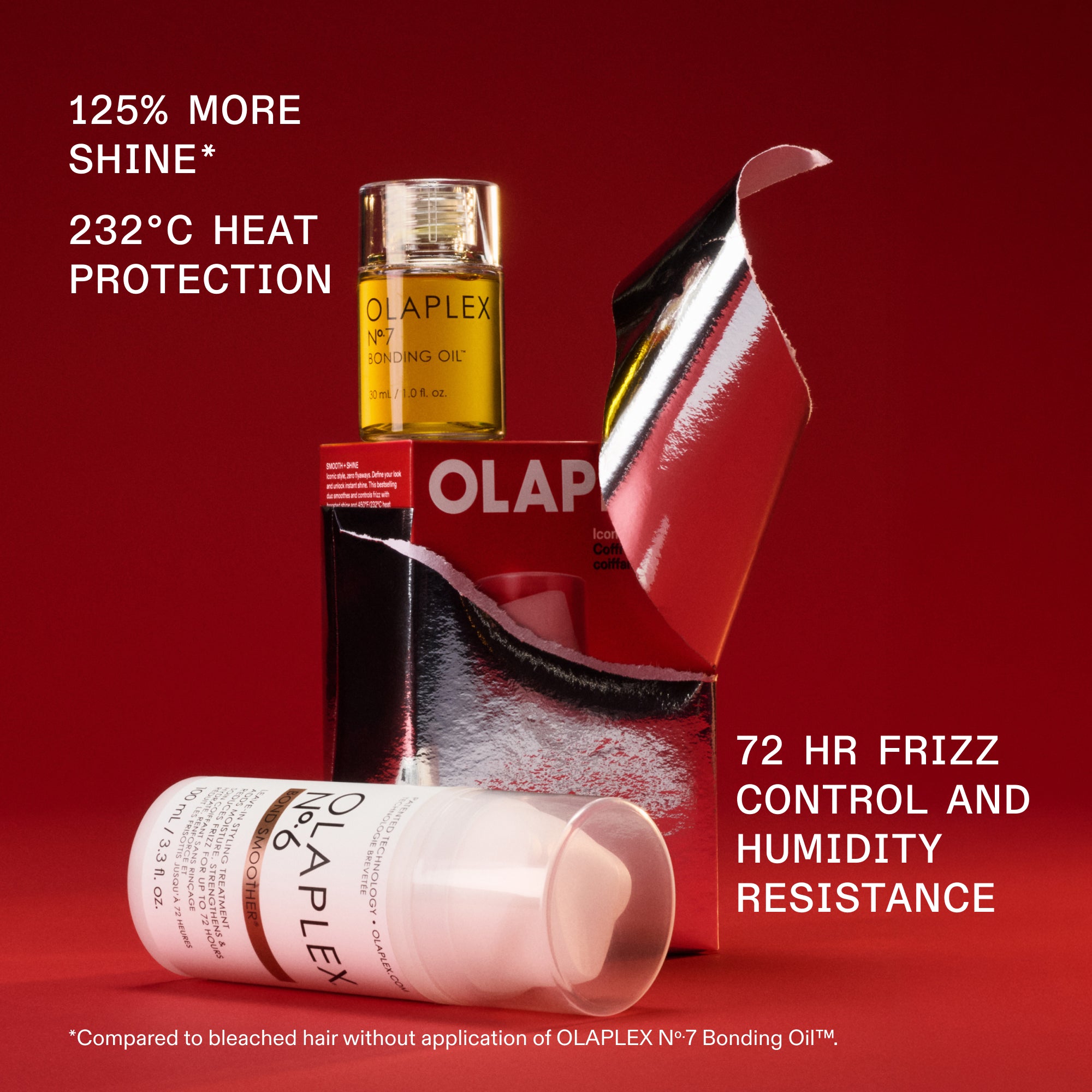125 % PLUS
BRILLANCE*
Protection thermique à 232 °C
CONTRÔLE DES FRISOTTIS PENDANT 72 HEURES
CONTRÔLE ET HUMIDITÉ
RÉSISTANCE
*Par rapport aux cheveux décolorés sans application d'OLAPLEX N°.7 Bonding Oil™.