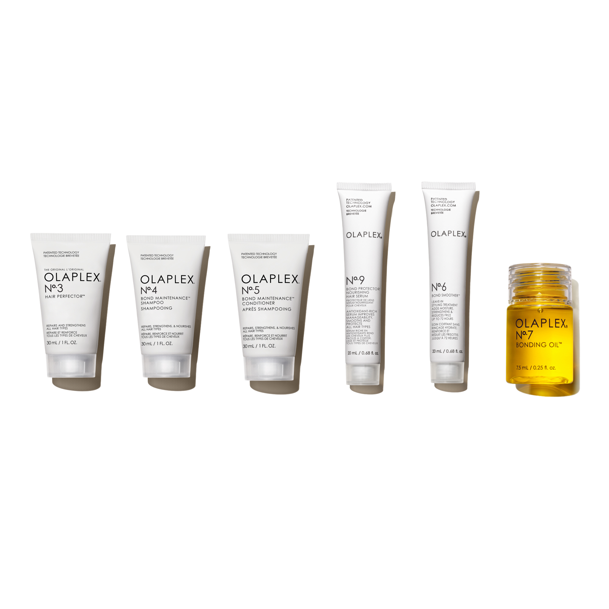 The Mini Essentials Set

Nº.3 HAIR PERFECTOR®
Nº.4 SHAMPOO
Nº.5 CONDITIONER
Nº.6 BOND SMOOTHER®
Nº.9 BOND PROTECTOR® NOURISHING HAIR SERUM
OLAPLEX N°.7 BONDING OIL™