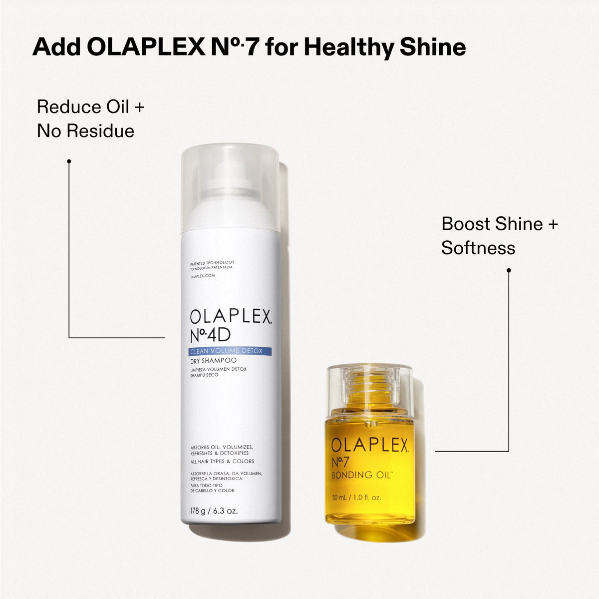 Ajoutez OLAPLEX N°7 pour une brillance saine

Réduire le sébum sans laisser de résidus

Booster la brillance + la douceur
Le texte visible sur les étiquettes des produits est :

À gauche (shampooing sec) : OLAPLEX N°4D CLEAN VOLUME DETOX DRY SHAMPOO (et d'autres textes plus petits, dont 178 g / 6,3 oz.)

Droite (huile) : OLAPLEX N°7 BONDING OIL (Et d'autres textes plus petits, y compris 30 ml / 1,0 fl. oz.)