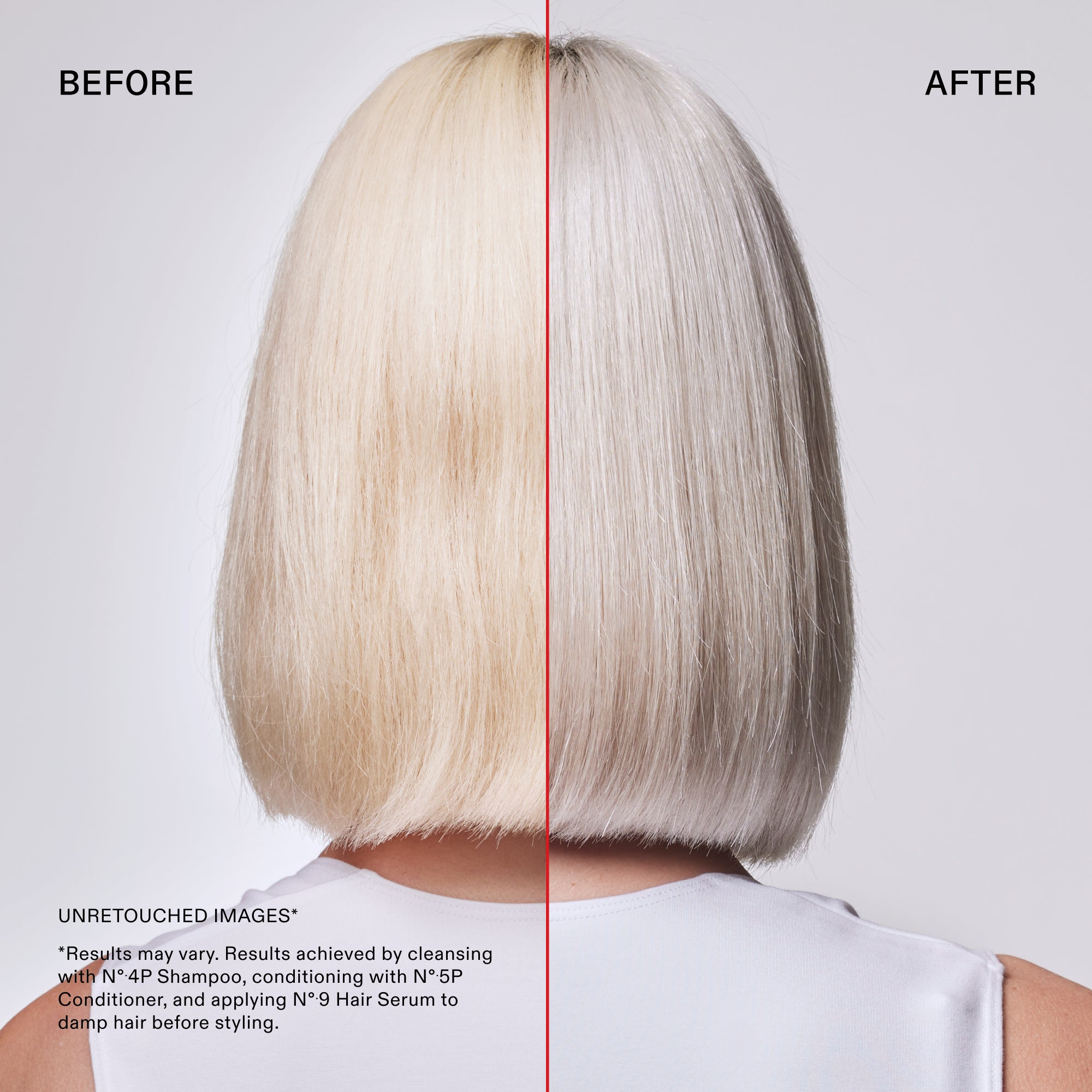 A split-screen before and after comparison of a person's hair from behind. The left half shows warm, brassy blonde hair labeled "BEFORE." The right half shows cool, bright platinum blonde hair labeled "AFTER."