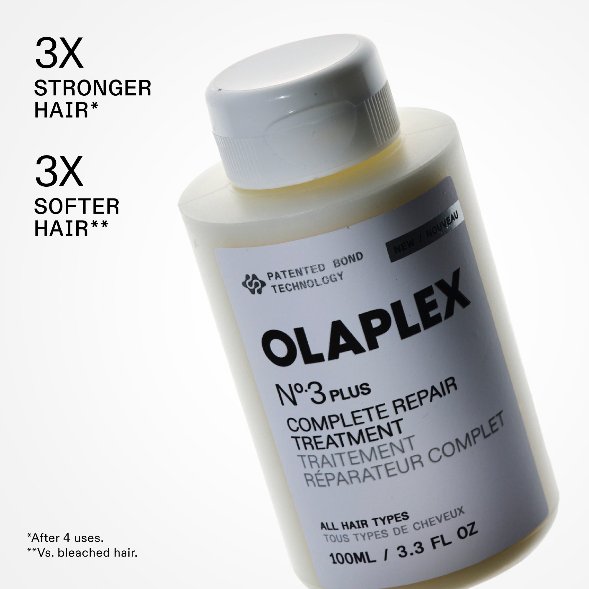 Une mise en page présentant les caractéristiques d'un produit Olaplex sur un fond blanc uni. À gauche, un grand texte noir en gras indique : « Cheveux 3 fois plus forts* » et « Cheveux 3 fois plus doux** », accompagné de petites notes de bas de page dans le coin inférieur gauche. Une bouteille blanche de « OLAPLEX N°.3 Plus traitement réparateur complet (100 ml/3,3 oz liq.) » est positionnée à un angle dynamique sur le côté droit du cadre.