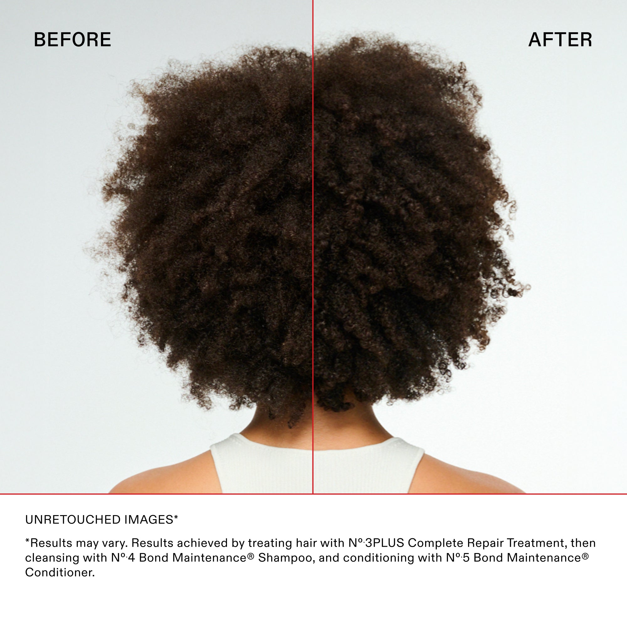 A split-screen before-and-after comparison of a person with dark, tightly coiled curly hair, viewed from behind and divided by a vertical red line. The left side is labeled "BEFORE" and shows hair with a slightly less defined, frizzier texture. The right side is labeled "AFTER" and shows noticeably smoother, more compact, and well-defined curls. Bold text at the bottom includes a detailed product disclaimer starting with "UNRETOUCHED IMAGES*".