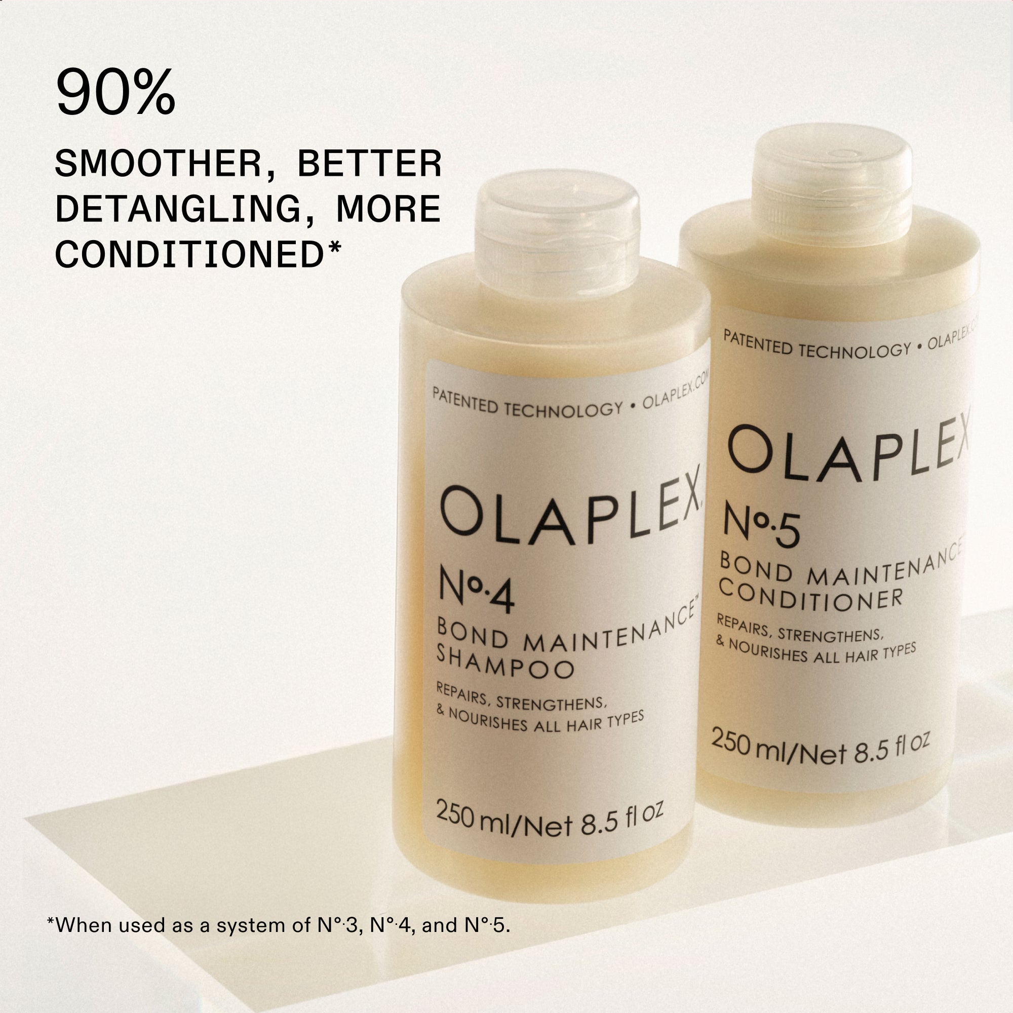 90 % plus lisses, mieux démêlés, plus revitalisés*

*Lorsqu'il est utilisé comme système de N°.3, N°.4 et N°.5.

Nº.4 Bond Maintenance Shampoo avec un Nº.5 Bond Maintenance Conditioner à côté