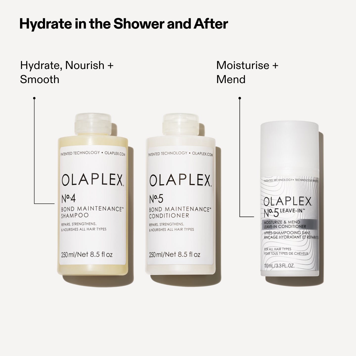 Hydratez vos cheveux sous la douche et après
N°.4 et N°.5 : Hydrater + Nourrir + Lisser
Leave-In N°.5 : Hydrater + Réparer
