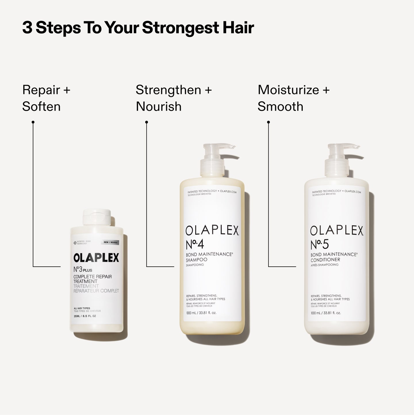 3 étapes pour des cheveux plus forts que jamais

N°.3PLUS : Réparer + Adoucir
N°4 - Nettoyer + Protéger
N°.5 - Hydrater + Revitaliser