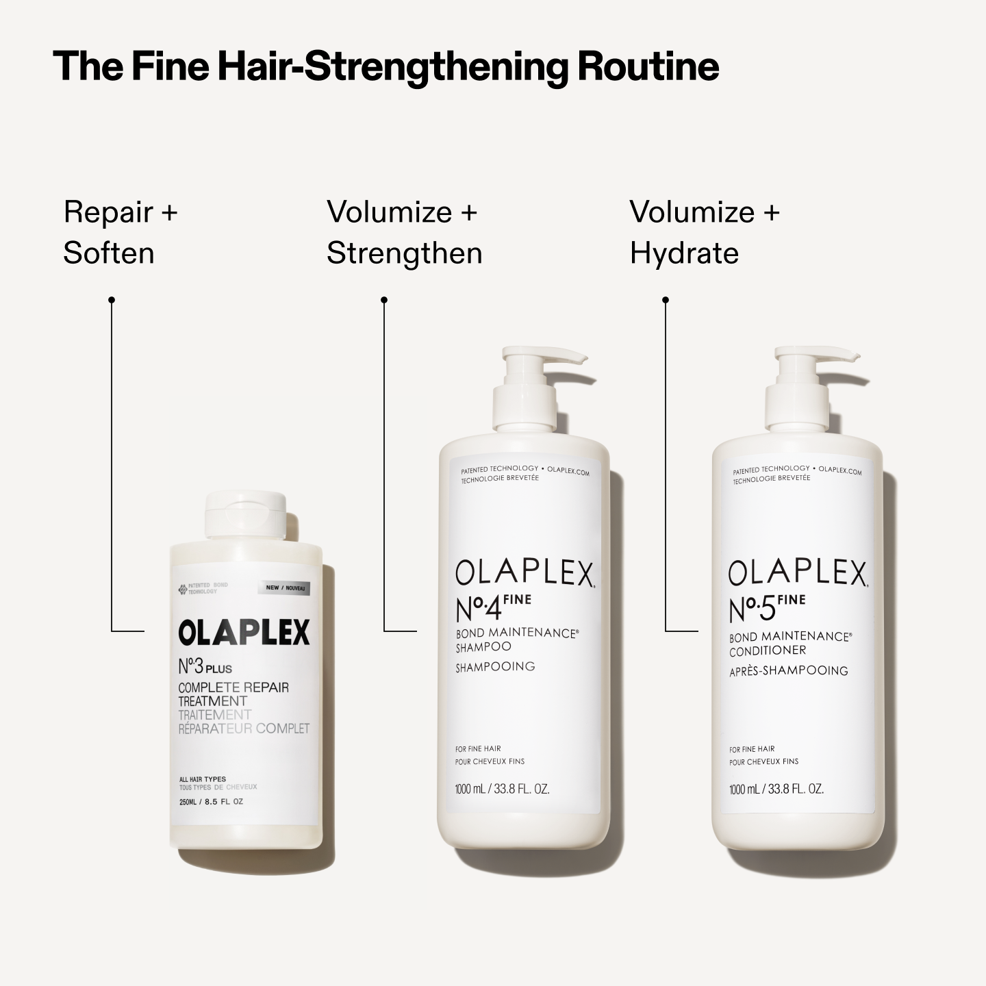 La routine fortifiante pour cheveux fins

N°.3PLUS : Réparer + Adoucir
N°.4F - Volumiser + Renforcer 
N°.5F - Volumiser + Hydrater