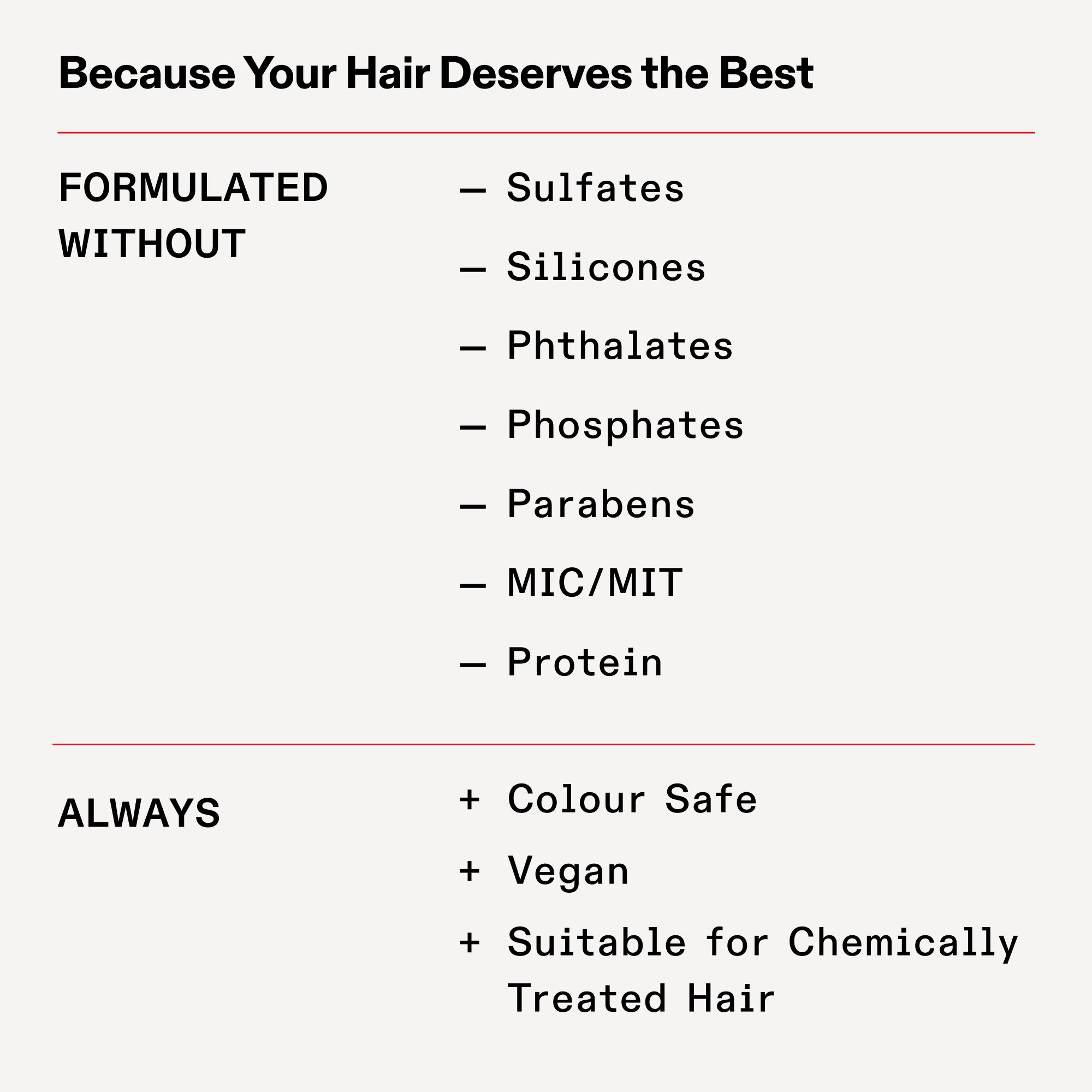 FORMULÉ SANS
SLS/SLES
Silicones
Phtalates
Phosphates
Parabènes
MIC/MIT
Protéine

Toujours
Adapté aux cheveux colorés
Vegan
Adapté aux cheveux traités chimiquement