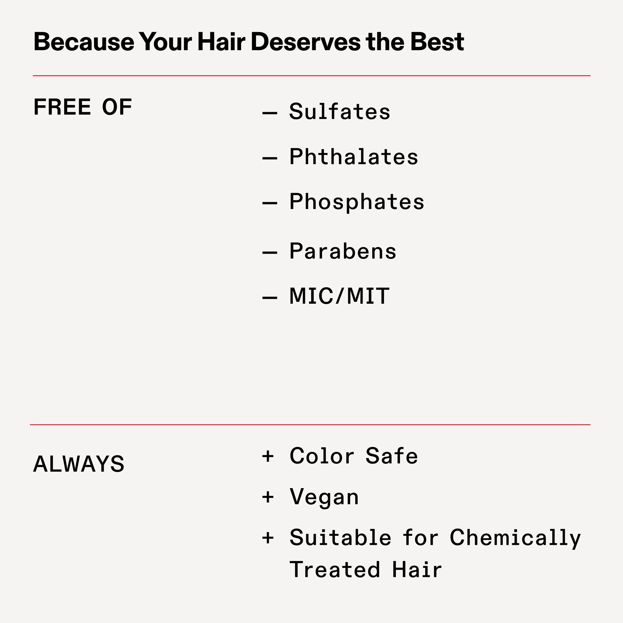 SANS

Sulfates

Phtalates

Phosphates

Parabènes

MIC/MIT

Protéine

TOUJOURS

Sûr pour la couleur

Végétalien

Adapté aux cheveux traités chimiquement